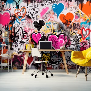 Graffiti-style Wallpaper Room for Boys & Girls, Peel and Stick Graffiti Wall Mural for Teenager Bedroom, Colorful art decoration of a hall