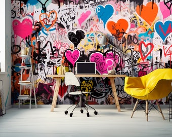 Graffiti-style Wallpaper Room for Boys & Girls, Peel and Stick Graffiti Wall Mural for Teenager Bedroom, Colorful art decoration of a hall