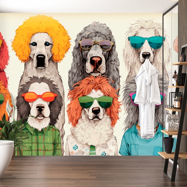 Custom Size Retro Dog Wall Mural, Modern Bold Wallpaper with Stylish Hipster Dogs, 70s Slay Dogs Peel and Stick Vinyl Tapete for Bathroom
