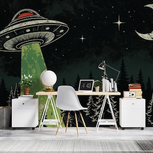 UFO Wall Mural Dorm Room Wallpaper Peel and Stick, Alien Dark Moody Wallpaper Removable, Galaxy Whimsical Wallpaper Fun Maximalist Wallpaper