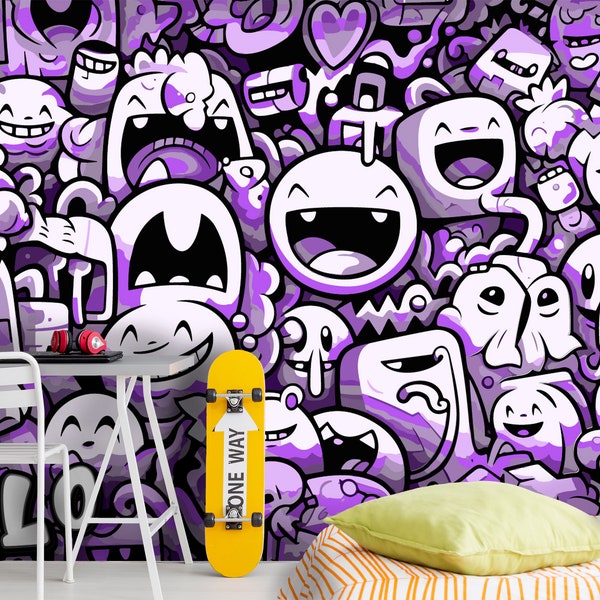 Graffiti Wallpaper Black-Purple Peel and Stick, Street Art Wall Mural Teenager Room, Urban Removable Wall Decor Boys Playroom, Nursery Decor