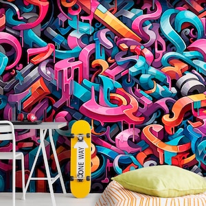 Abstract 3D Graffiti Wallpaper Kids Nursery, Urban Street Style Wall Decoration Teen Room, Modern Graffiti Mural Peel and Stick