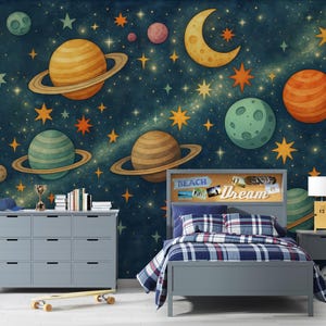 Space Wallpaper for Kids Room, Celestial Nursery Mural, Galaxy Wall Art for Playroom, Boy Room planet Wallpaper