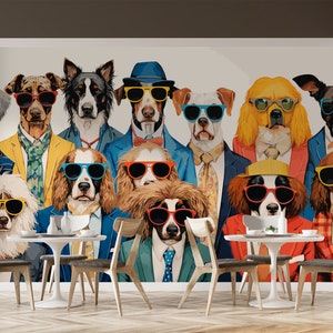 Papel pintado de perros hipster, mural hippie colorido de los años 70, mural único autoadhesivo, arte mural de perros, mural grande de perros, mural de pared de peluquería y cafetería.