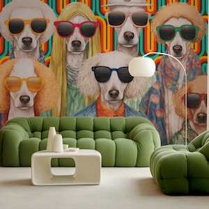 Accent Pups Wallpaper, Colorful Dogs in Shades, Cool Dog Wall Mural for Grooming Salon, Retro Hipster Doggies Decor Bedroom Playroom