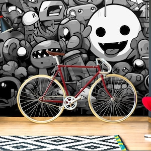 Wallpaper Black and White Teen Bedroom, Grey Custom Size Wall Mural Street Art Styled Kids Room, Monochrome Cartoon Wallpaper Teen Boy Room