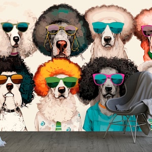 Wallpaper Cool and Colorful Dogs for Kids Playroom, Fun and Stylish Custom Size Dog Wallpaper for Dog Lovers, Fun Pups Retro Wall Mural