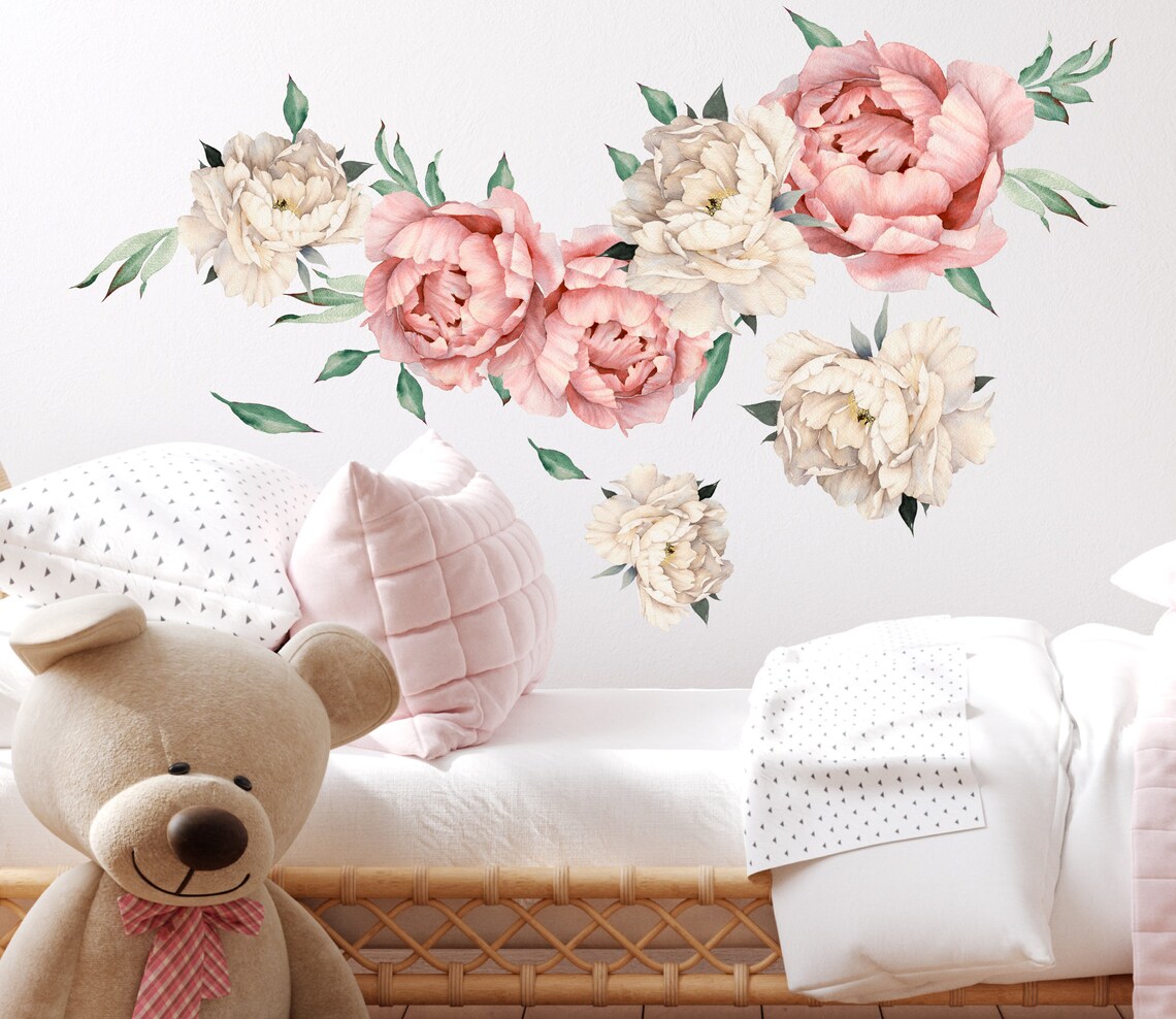 Peony Wall Decal Nursery. Watercolor Peony Decal Bedroom. Etsy