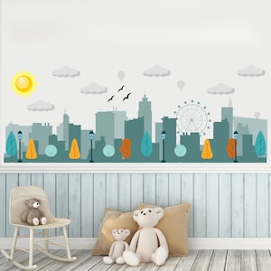 City Wall Decal Kids / Baby Boy Nursery Decals / Skyline Wall Sticker / Town Wall Mural / Buildings Wall Decal / Houses Decal / Removable