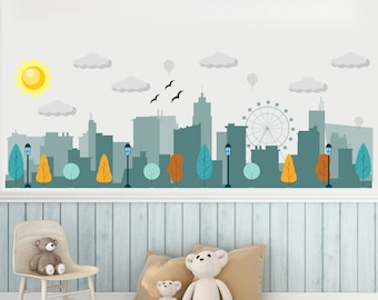 City Wall Decal Kids / Baby Boy Nursery Decals / Skyline Wall Sticker / Town Wall Mural / Buildings Wall Decal / Houses Decal / Removable
