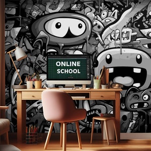Wallpaper Monochrome Modern for Teen Boy Gaming Place, Grey Abstract Wall Mural Kids Playroom, Dark Custom Wall Mural Kids Room