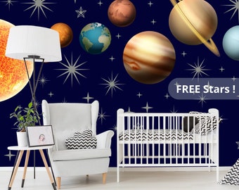 Planets and Stars Space Decal Set Boy Bedroom, Galaxy Outer Space Wall Stickers, Astronomy Wall Stickers Sun Earth Saturn Toddler Room