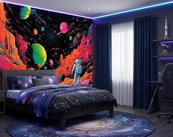 Graffiti Astronaut Wallpaper Mural, Galaxy Space Peel and Stick Wallpaper Mural for Kids Room Decor, Boy Room Wallpaper, Boy Nursery Mural
