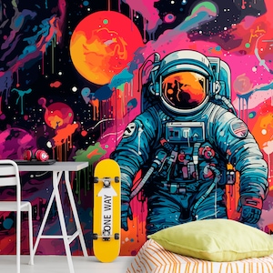 Astronaut Wallpaper Teen Room, Black Pink Space Wall Mural Boy Girl Teenager Bedroom, Abstract Planets Wall Mural Teenage Boy Gaming Room