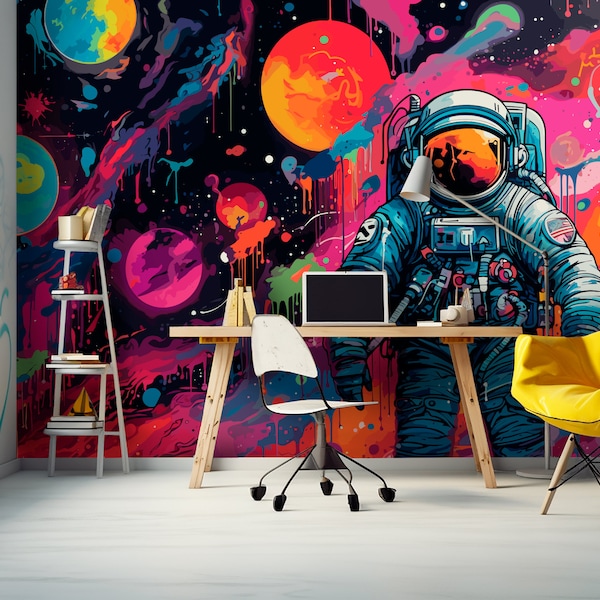 Space Graffiti Wallpaper Kids Rooms, Planets Graffiti Teenagers Bedroom Wall Mural, Astronaut Wall Decoration for Home, Boys & Girls Nursery