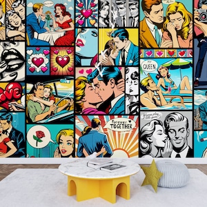 Papel tapiz de cómics románticos para dormitorio, calidad nítida, cómic retro vintage, besos, corazones, chicas, papel tapiz de arte de amor, habitación de mujer y mujer
