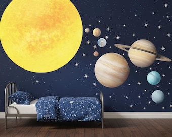 Space Themed Wall Decals Solar System Wall Stickers, Planet Decal for Kids Wall Decor Boy Room, Galaxy Playroom Wall Decal Boy Nursery Decor