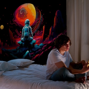 Dark Wallpaper with Astronaut for Teen Room, Black Wall Mural Galaxy Themed Teenage Bedroom, Accent Outer Space Wallpaper Boy Girl Room