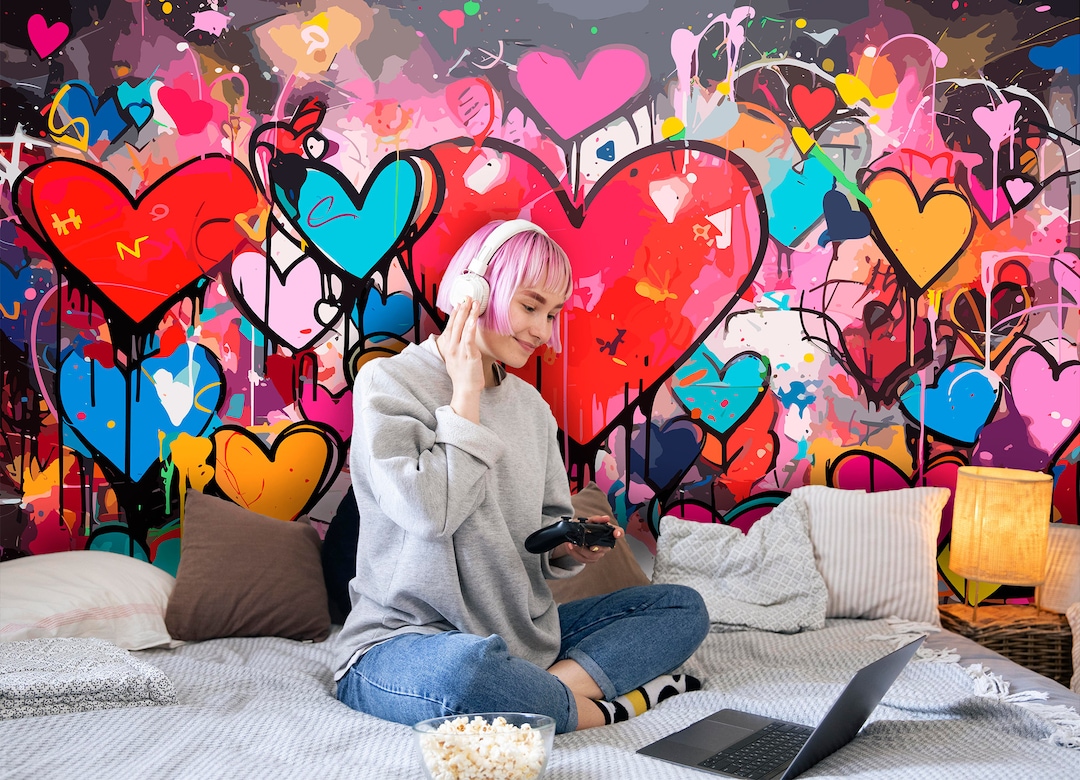 Hearts Graffiti Styled Teen Wallpaper, Street Art Love Wall Mural