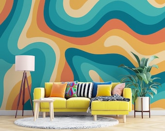Retro Abstract Wallpaper Mural, Maximalist Wallpaper Peel and Stick for Retro Home Decor in 70s Style, Dopamine Decor Colorful Wallpaper
