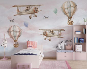 Vintage Airplane Nursery Wallpaper Mural with Cats, Watercolor Hot Air Balloon Wallpaper, Peel and Stick Kids Wallpaper Cloud Nursery Decor