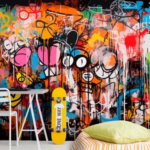 Graffiti style Wallpaper Room for Boys & Girls, Peel and Stick Graffiti Wall Mural for Teenager Bedroom, Colorful art decoration of a hall