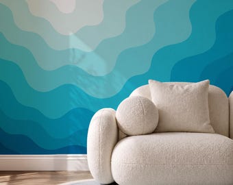 Blue Abstract Wallpaper, Teal Wavy Mural Wallpaper Peel and Stick, Ocean Wallpaper for Surfing Style Room Decor, Teen Room Wallpaper