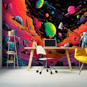 Murale per camera da letto con astronauti graffiti, carta da parati colorata con spazio galattico per bambini, decorazione murale neutra per staccare e attaccare con universo spaziale