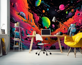 Graffiti Astronauts Bedroom Mural, Galaxy Colorful Space Wallpaper Kids Room, Space Universe Gender Neutral Peel and Stick Wall Decoration