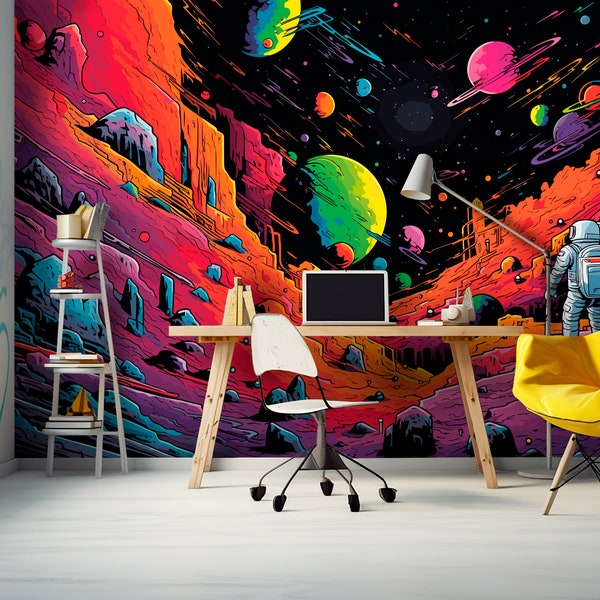 Graffiti Astronauts Bedroom Mural, Galaxy Colorful Space Wallpaper Kids Room, Space Universe Gender Neutral Peel and Stick Wall Decoration