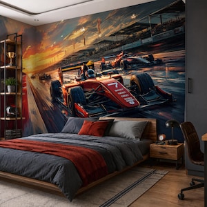 May include: A bedroom featuring a large wall mural of red Formula 1 race cars on a track at sunset. The room includes a low-profile wooden bed with dark gray bedding and a red throw, a wooden nightstand, a desk with a chair, and a tall shelving unit.