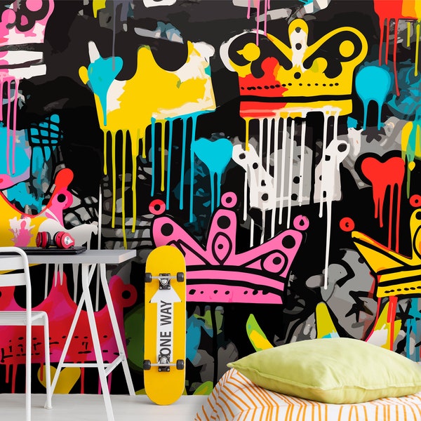 Graffiti Wallpaper Mural, Peel and Stick Wall Room, Gender Neutral Colorful Graffiti-Style Teenager Bedroom Art Decoration