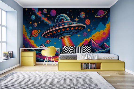 Retro UFO Wallpaper Mural for Kids Room or Teen Room Decor, Cosmic