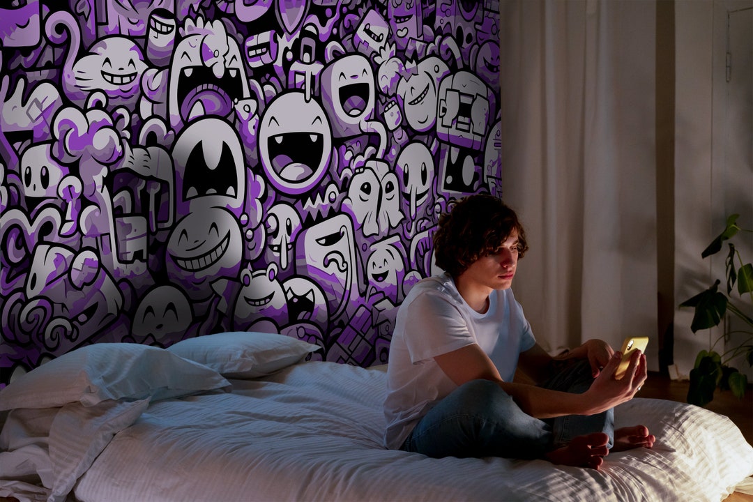 Purple Graffiti Wall Mural Modern Teen Boy Bedroom, Creepy Moody Wallpaper  Teenager Room, Street Art Wallpaper Bathroom, Garage Modern Mural