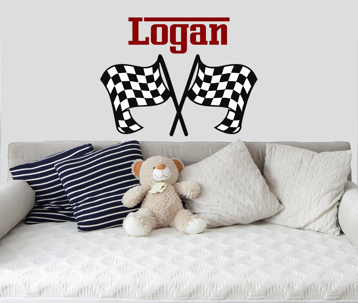Personalized Decal. Boys Name Wall Decals. Checkered Flags Sticker. Racing Flags Wall Decor. Name Vinyl Sticker. Race Car Wall Decal LT106
