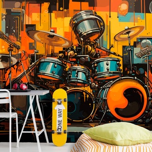 Vintage Peel and Stick Wallpaper, Drums Wall Mural , Music Theme Removable Neutral Decorations Teen, Art Deco Wallpaper for Home & Office
