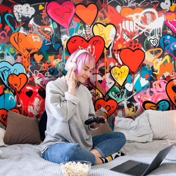 Street Art Hearts Wallpaper for Teen Girl Bedroom, Spray Paint Abstract Red Wall Mural for  Teenage Room, Graffiti Styled Girls Mural