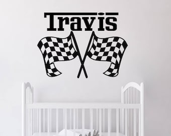 Boys Name Wall Decals. Racing Checkered Flags Sticker. Race Themed Nursery Decor. Custom Name Wall Sticker. Race Car Wall Decal T167