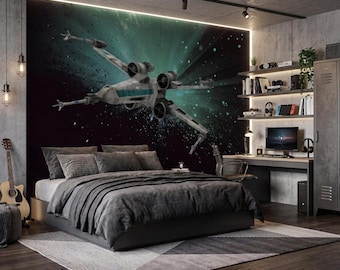 Starship Galaxy Wallpaper Mural Peel and Stick Sci-Fi Wallpaper, Space Ship Mural Wallpaper for Galaxy Room Decor