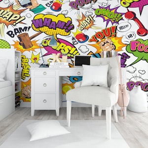 Colorful Teen Wallpaper Comic Styled, White Comics Wall Mural Teenage Boy Room, Retro Custom Size Comics Wallpaper, Jumbo Boy Wallpaper
