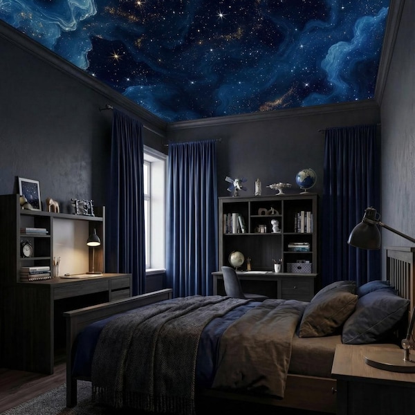 Galaxy ceiling wallpaper for celestial nursery, navy blue wallpaper peel and stick night sky kids room decor
