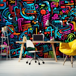 Colorful Abstract Graffiti Mural for Boys Room, Urban Vibes Decor Nursery, Street Art Wall Decoration Teenagers Playroom, Gift for Boys Room