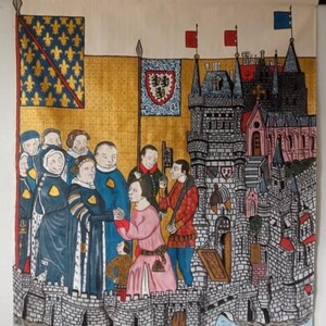 Mittelalterlicher Wandteppich – Hommage an die Grafschaft Clermont-en-Beauvaisis – Handbemalt – Einzigartige Doppelarbeit – Stange nicht enthalten