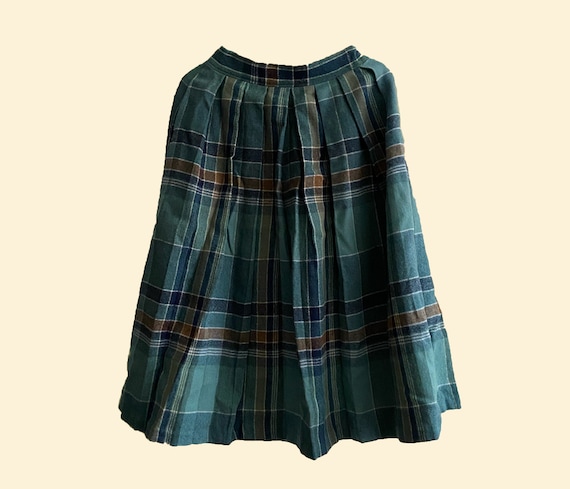 Vintage Cacharel Paris wool pleated plaid green sk