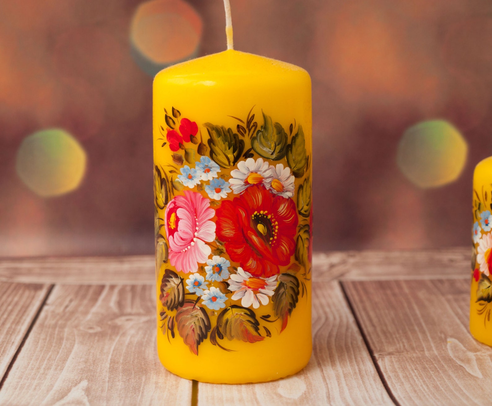 Yellow candles hand painted candle flower candle yellow Etsy