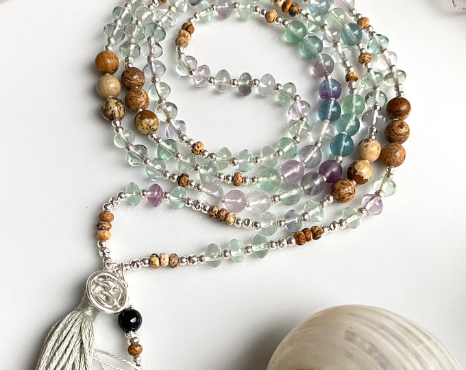 Mala made of fluorite colorful and landscape jasper, decorated with silver, final element of Schörl, tassel and a silver pendant OM
