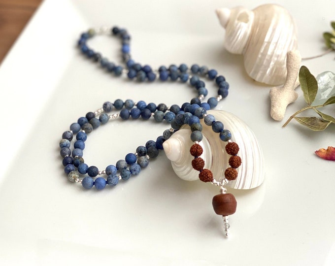 Mala of dumortierite frosted and Rudraksha, final bead of Bodhi seeds, prayer beads