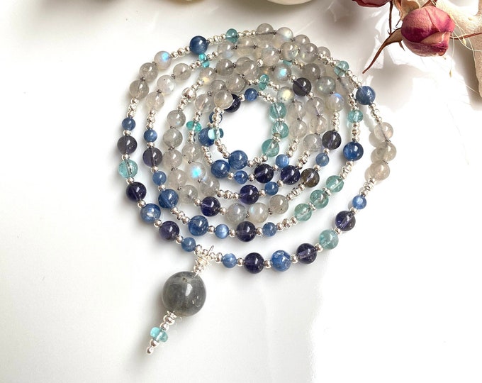 Labradorite, iolite, kyanite, apatite mala decorated with silver, labradorite closing bead, prayer beads