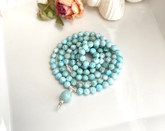 Pure Mala from Larimar, decorated with silver, final bead Larimar, valuable prayer chain made of 108 healing stones