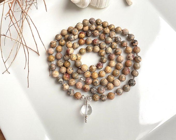 Mala made of meta rhyolite, leopard stone, final bead rock crystal, prayer beads, mala for men and women